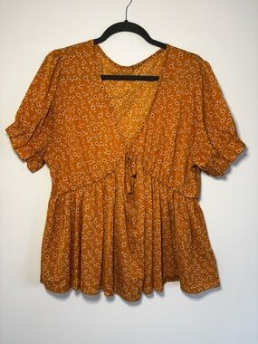 SHEIN Mustard Floral Tie-Front Peplum Blouse
